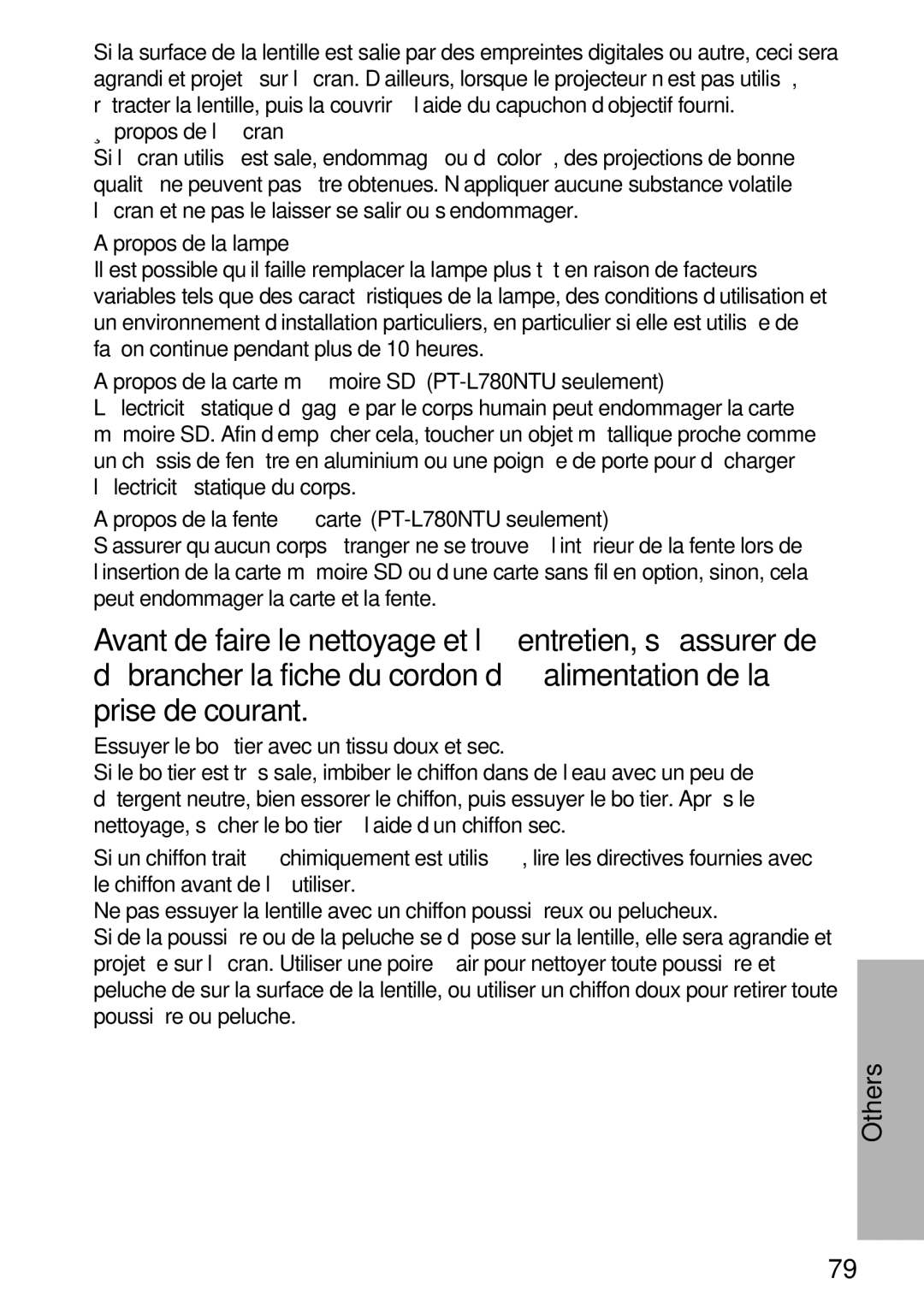 Panasonic PT-L750U R, TQBH9003-6 Propos de l’écran, Propos de la lampe, Propos de la carte mémoire SD PT-L780NTU seulement 