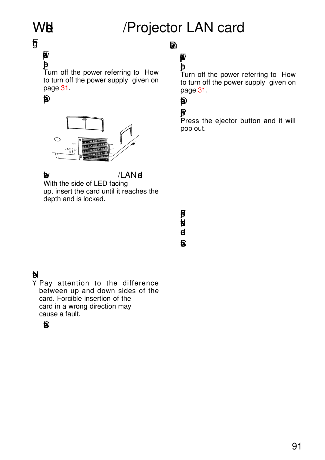 Panasonic PT-L750U R, TQBH9003-6 manual Wireless card/Projector LAN card, Turn off the power to Projector 