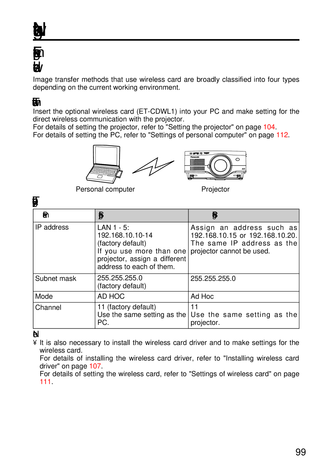 Panasonic PT-L750U R Example of setting for use of the wireless card, To use wireless communication for the first time 