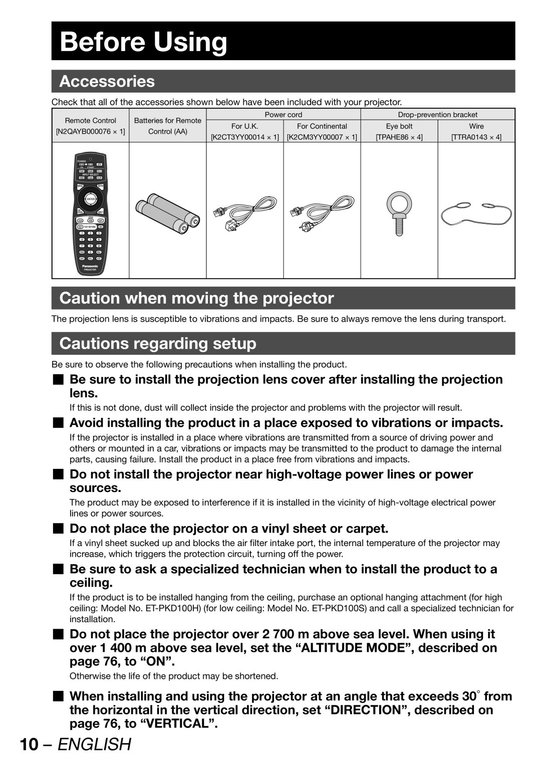 Panasonic TQBJ 0268-5 Before Using, Accessories, Do not place the projector on a vinyl sheet or carpet, 76, to on 