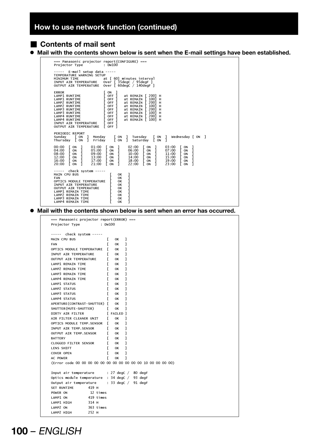 Panasonic TQBJ 0268-5 operating instructions „ Contents of mail sent 