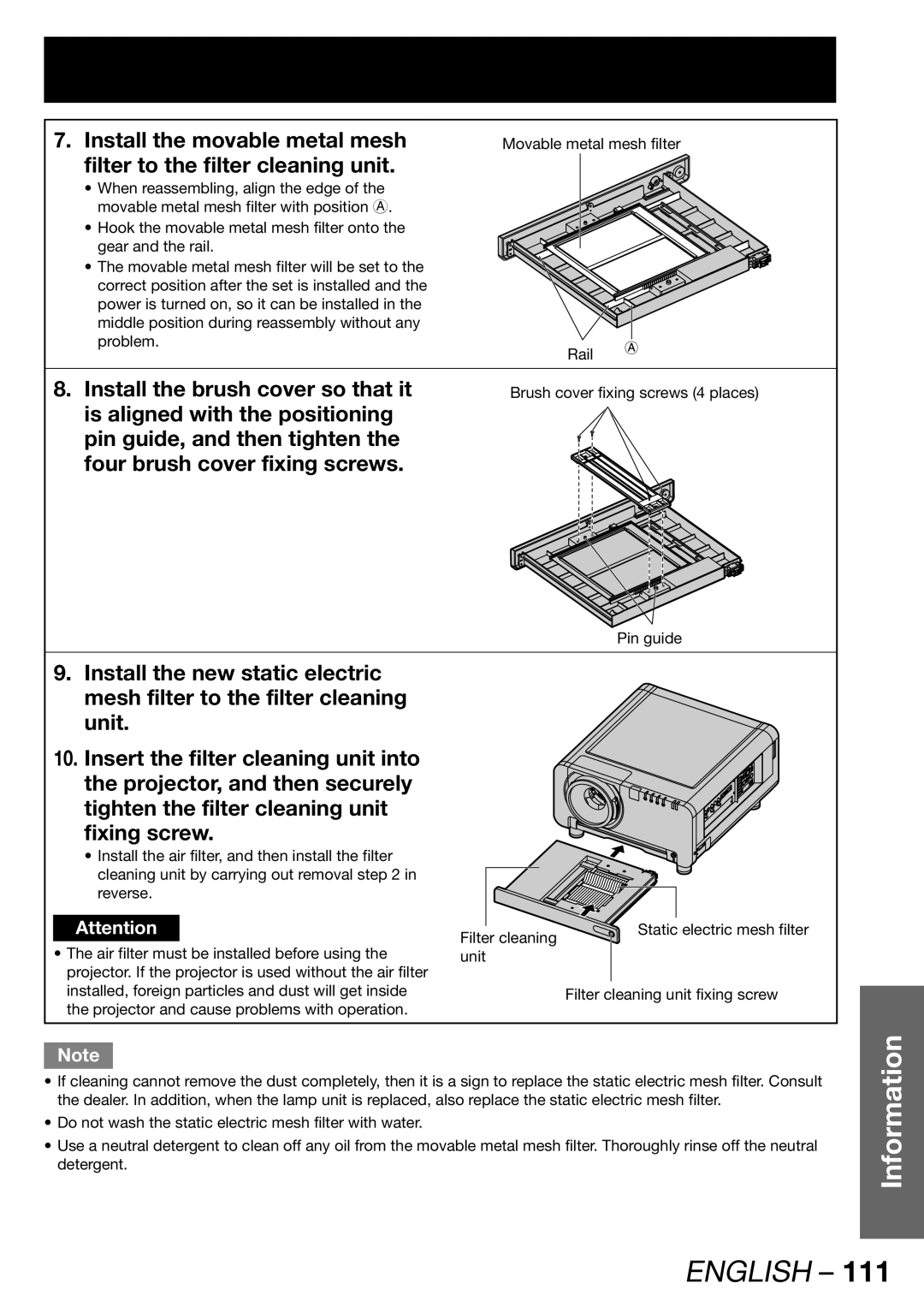 Panasonic TQBJ 0268-5 operating instructions Install the movable metal mesh, Filter to the filter cleaning unit 