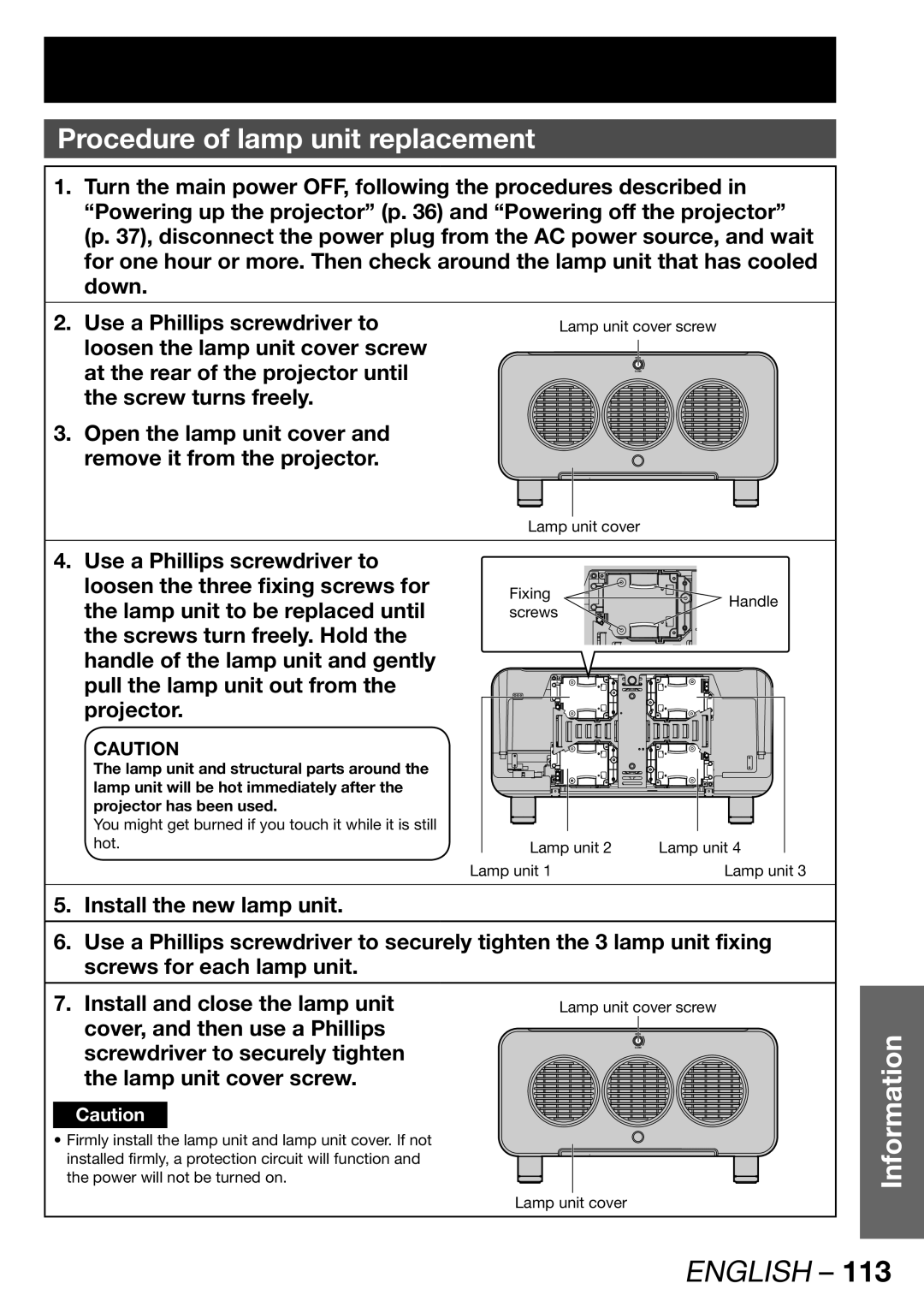 Panasonic TQBJ 0268-5 Procedure of lamp unit replacement, Lamp unit to be replaced until, Lamp unit cover screw 