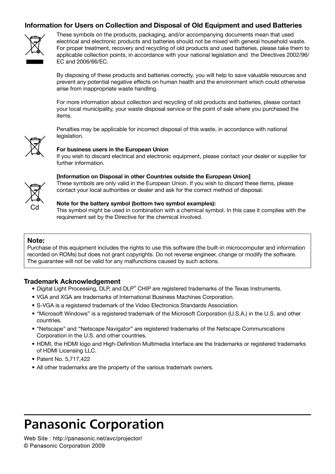 Panasonic TQBJ 0268-5 operating instructions Trademark Acknowledgement, For business users in the European Union 