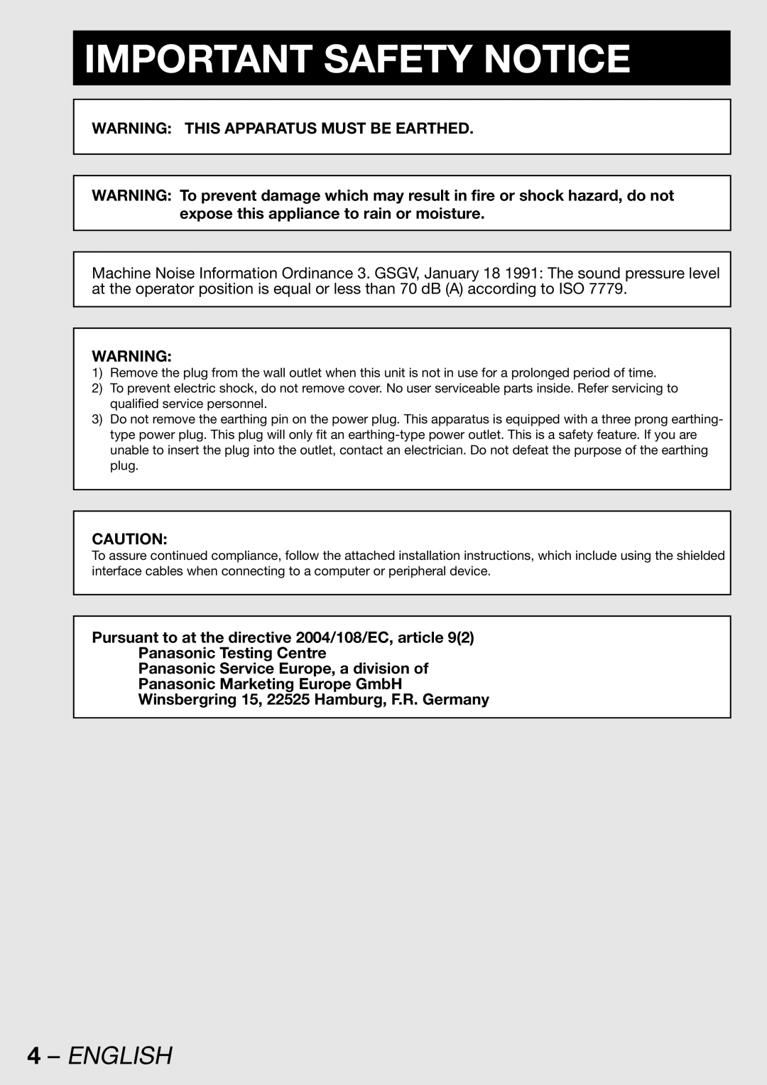 Panasonic TQBJ 0268-5 operating instructions Important Safety Notice 