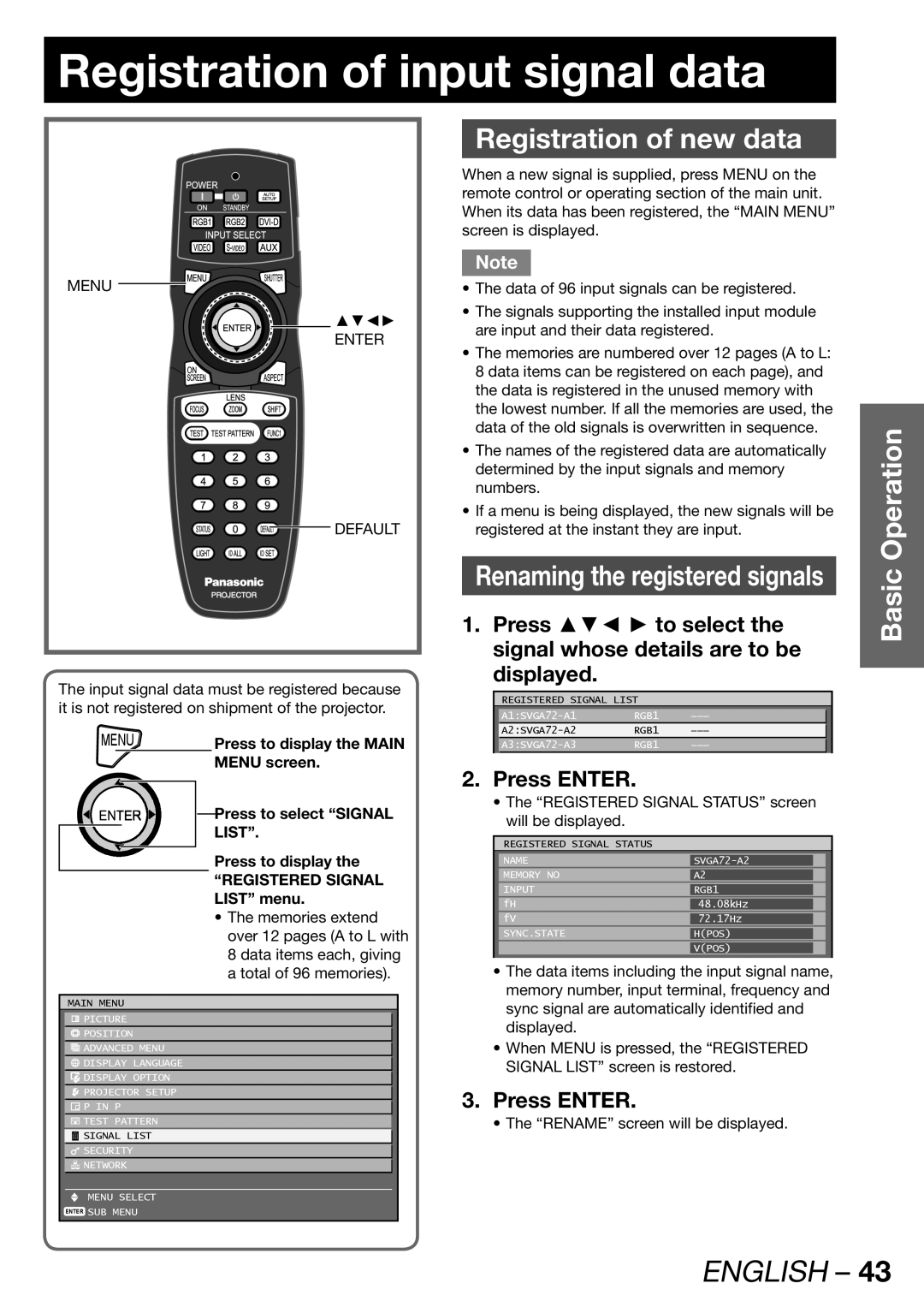 Panasonic TQBJ 0268-5 Registration of input signal data, Registration of new data, Displayed, Press Enter, List 