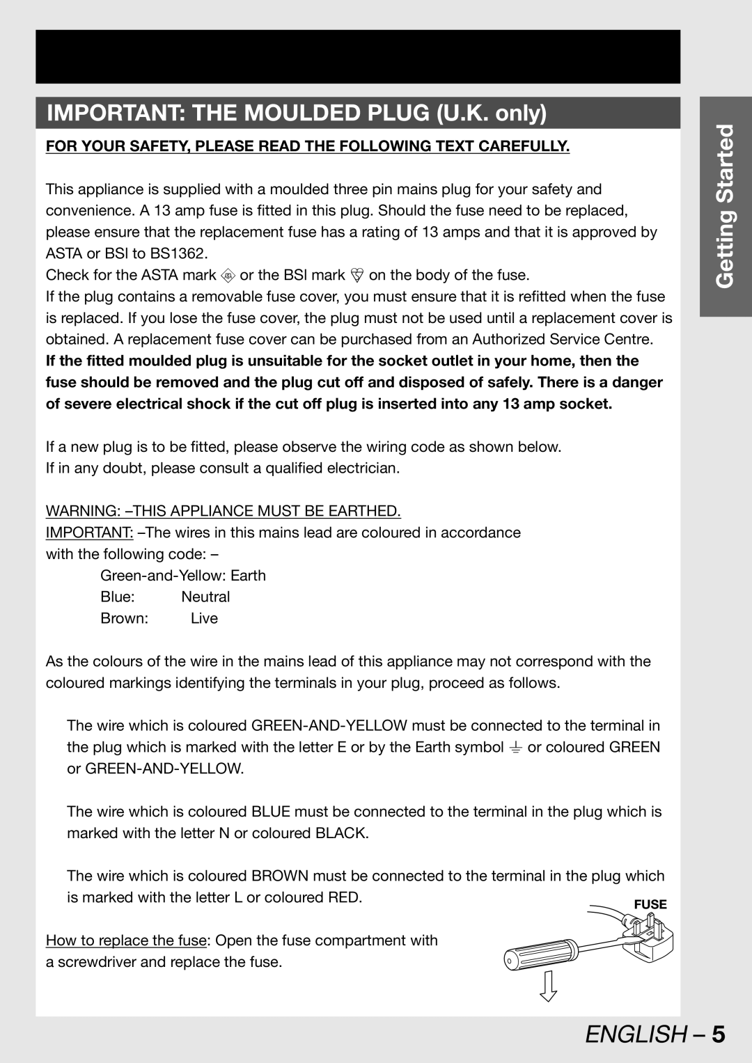 Panasonic TQBJ 0268-5 operating instructions Important the Moulded Plug U.K. only, Getting Started, Fuse 