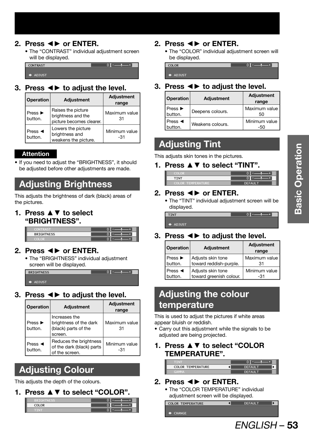 Panasonic TQBJ 0268-5 Adjusting Brightness, Adjusting Colour, Adjusting Tint, Adjusting the colour Temperature 