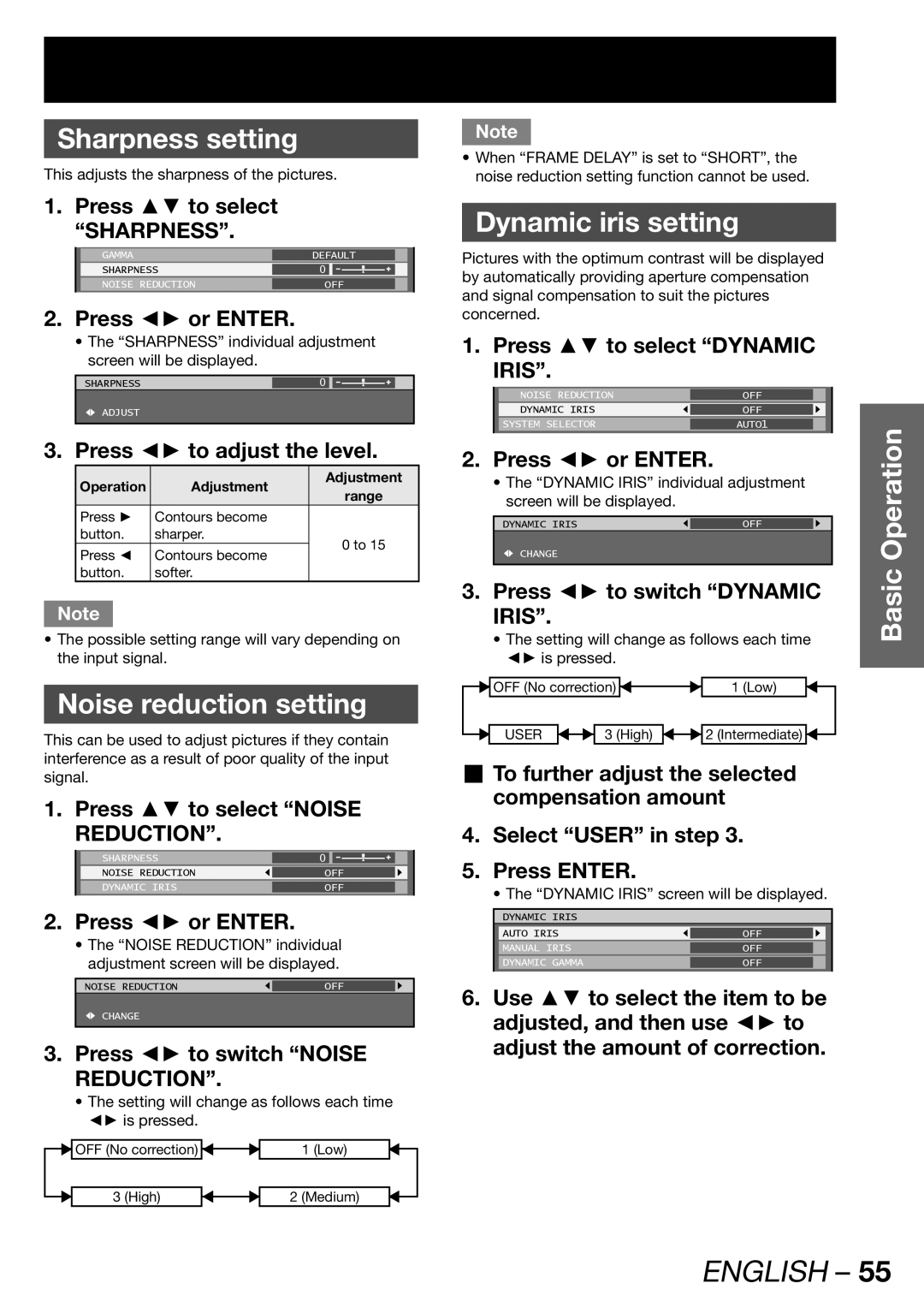 Panasonic TQBJ 0268-5 operating instructions Sharpness setting, Noise reduction setting, Dynamic iris setting 