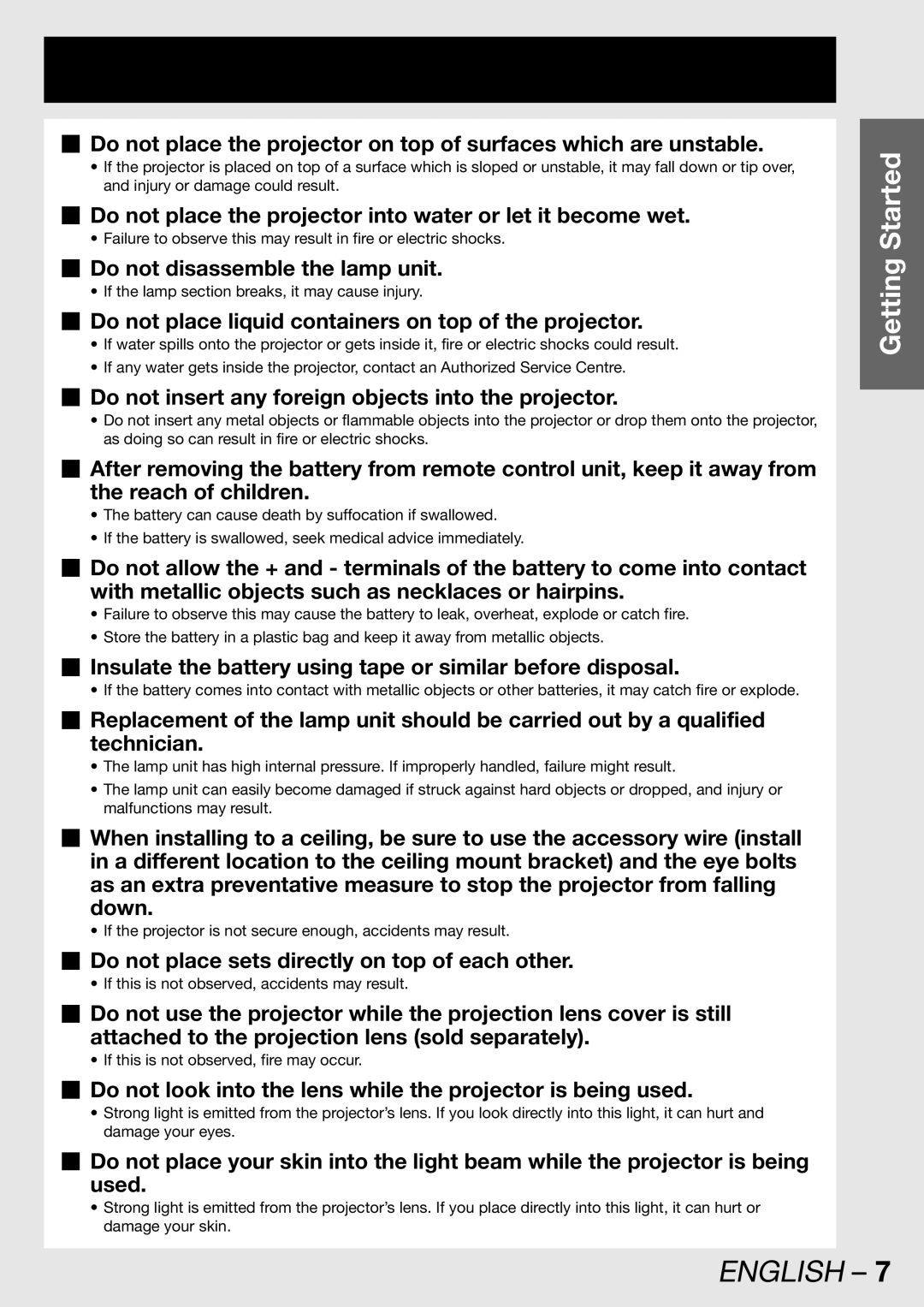 Panasonic TQBJ 0268-5 „ Do not disassemble the lamp unit, „ Do not place liquid containers on top of the projector 