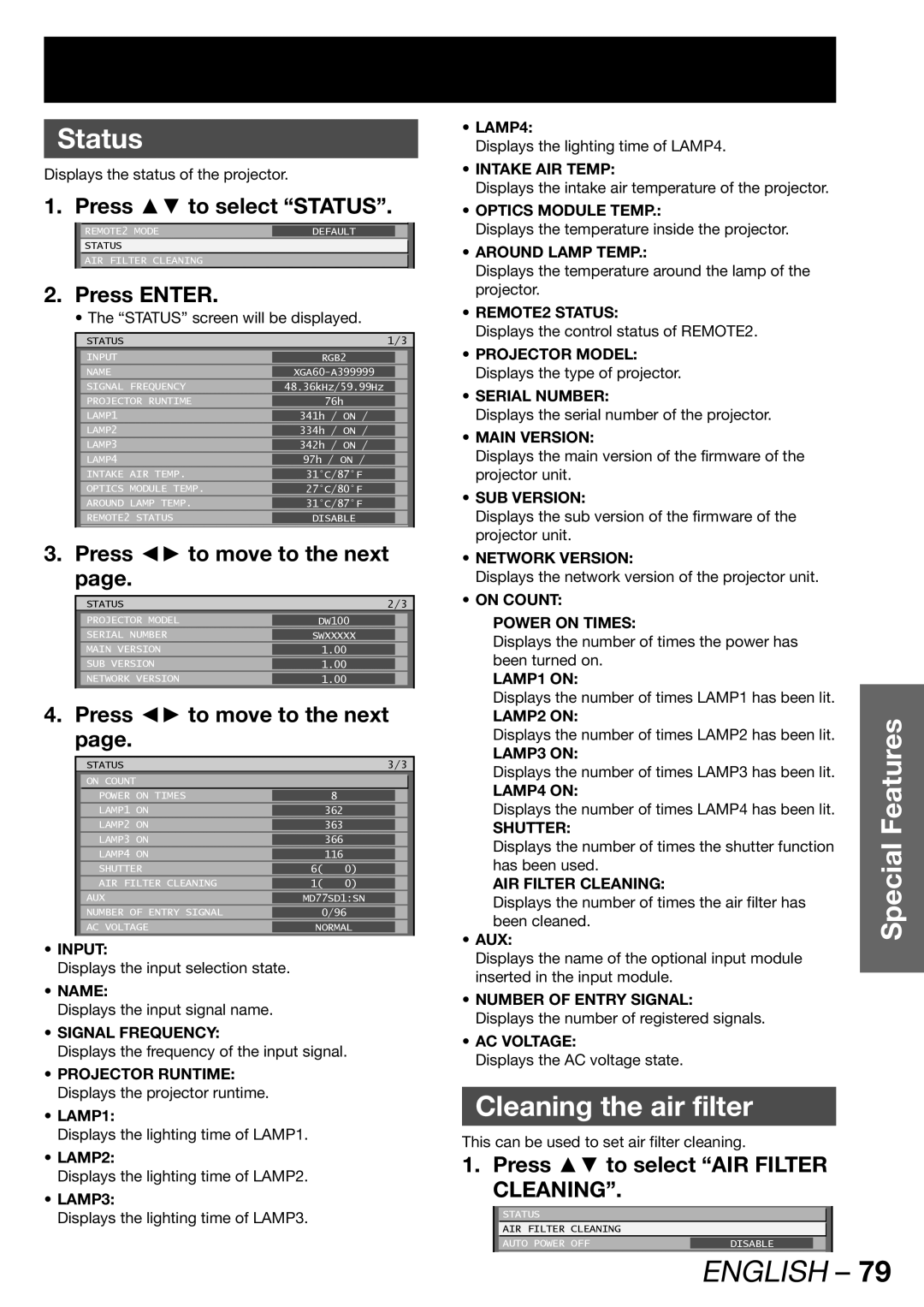 Panasonic TQBJ 0268-5 operating instructions Cleaning the air filter, Press to select Status, Press to move to the next 