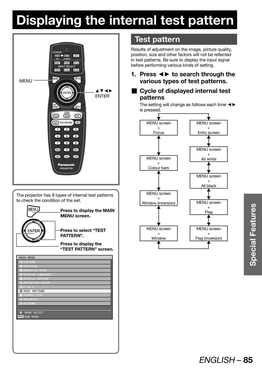 Panasonic TQBJ 0268-5 Displaying the internal test pattern, „ Cycle of displayed internal test Patterns 