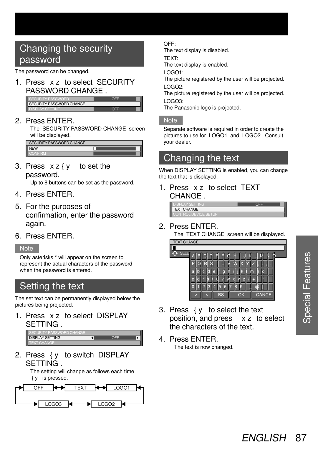 Panasonic TQBJ 0268-5 operating instructions Changing the security Password, Setting the text, Changing the text 