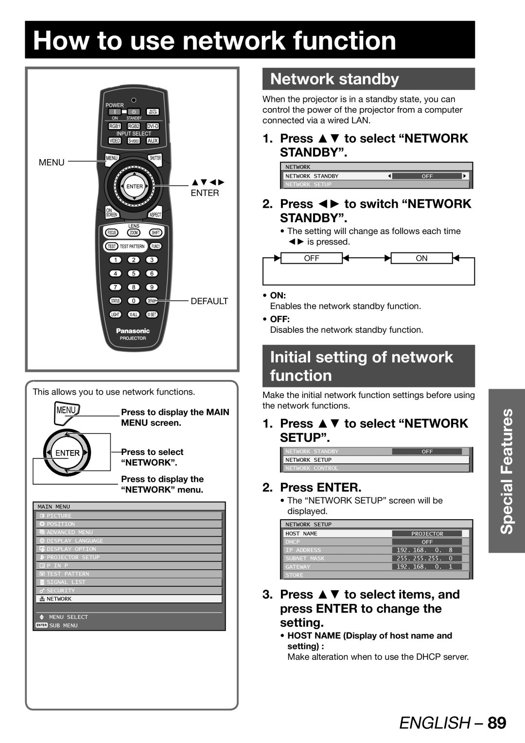 Panasonic TQBJ 0268-5 How to use network function, Network standby, Initial setting of network Function 