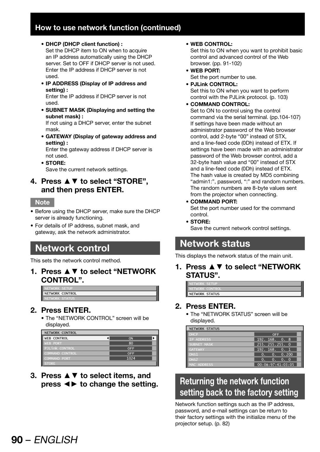 Panasonic TQBJ 0268-5 operating instructions Network control, Network status, Press to select Network Status 