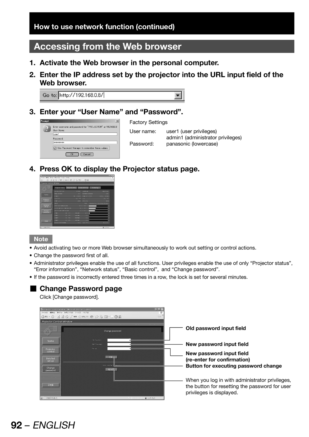 Panasonic TQBJ 0268-5 Accessing from the Web browser, Press OK to display the Projector status, „ Change Password 