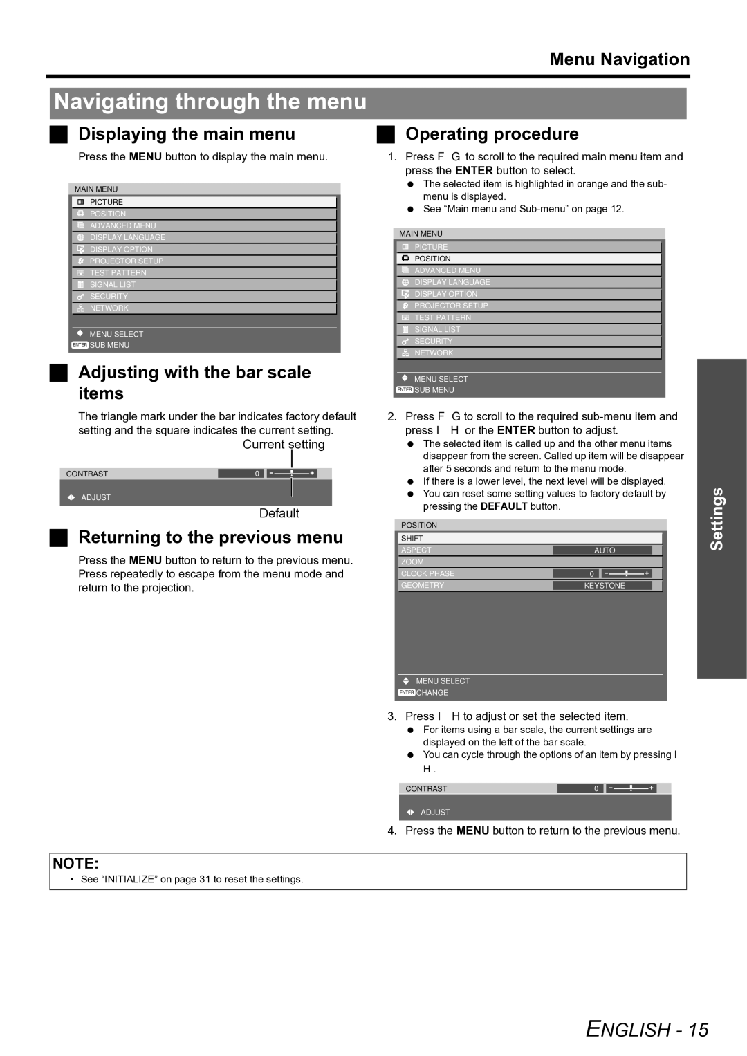 Panasonic TQBJ0299-3 manual Navigating through the menu, Displaying the main menu, Adjusting with the bar scale items 