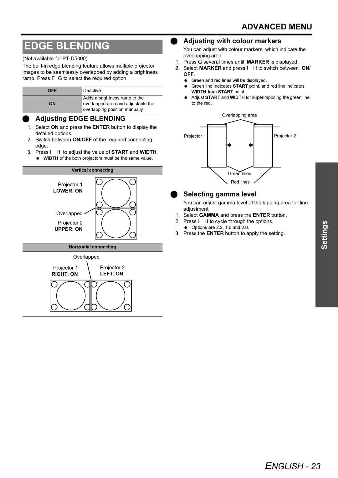 Panasonic TQBJ0299-3 manual Adjusting with colour markers, Adjusting Edge Blending, Selecting gamma level 