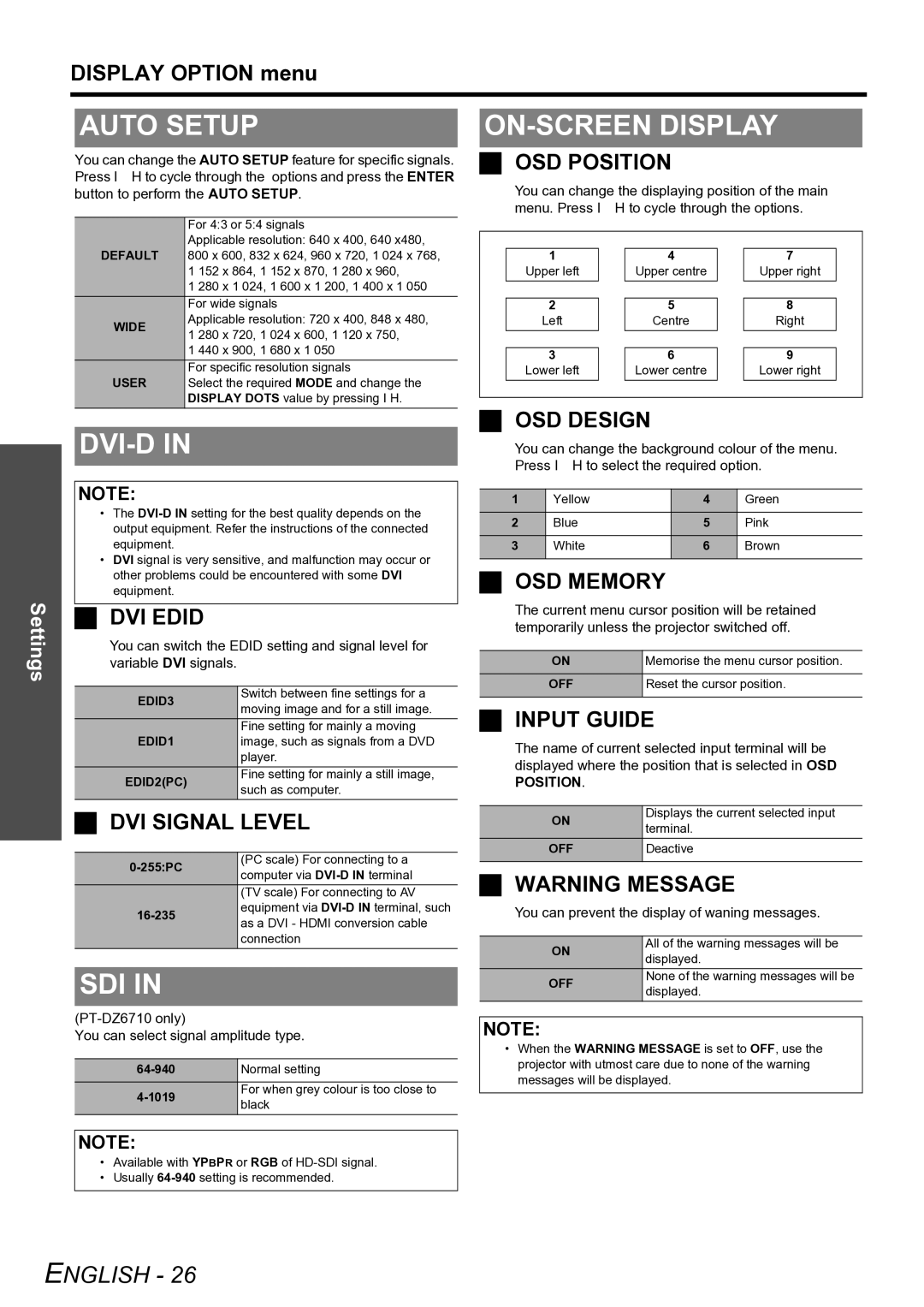 Panasonic TQBJ0299-3 manual Auto Setup, Dvi-D, Sdi, ON-SCREEN Display 