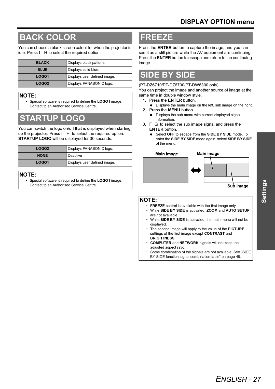 Panasonic TQBJ0299-3 manual Back Color, Startup Logo, Freeze, Side by Side, Main image Sub image 