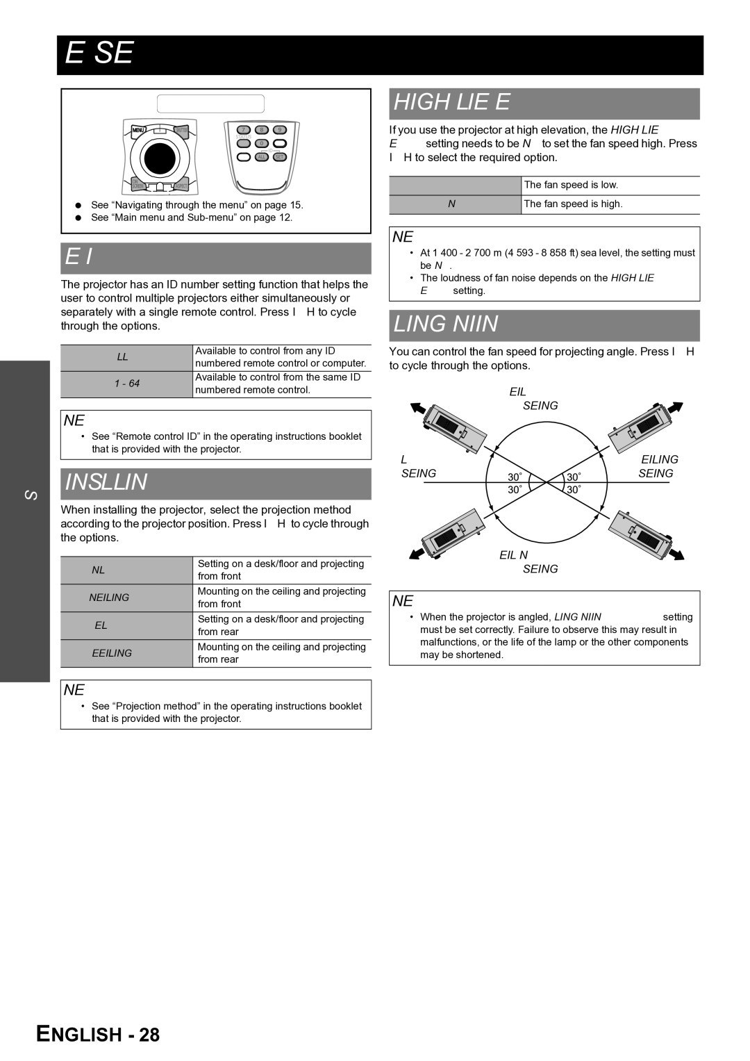 Panasonic TQBJ0299-3 manual Projector Setup menu, Projector ID, Installation, High Altitude Mode, Cooling Condition 