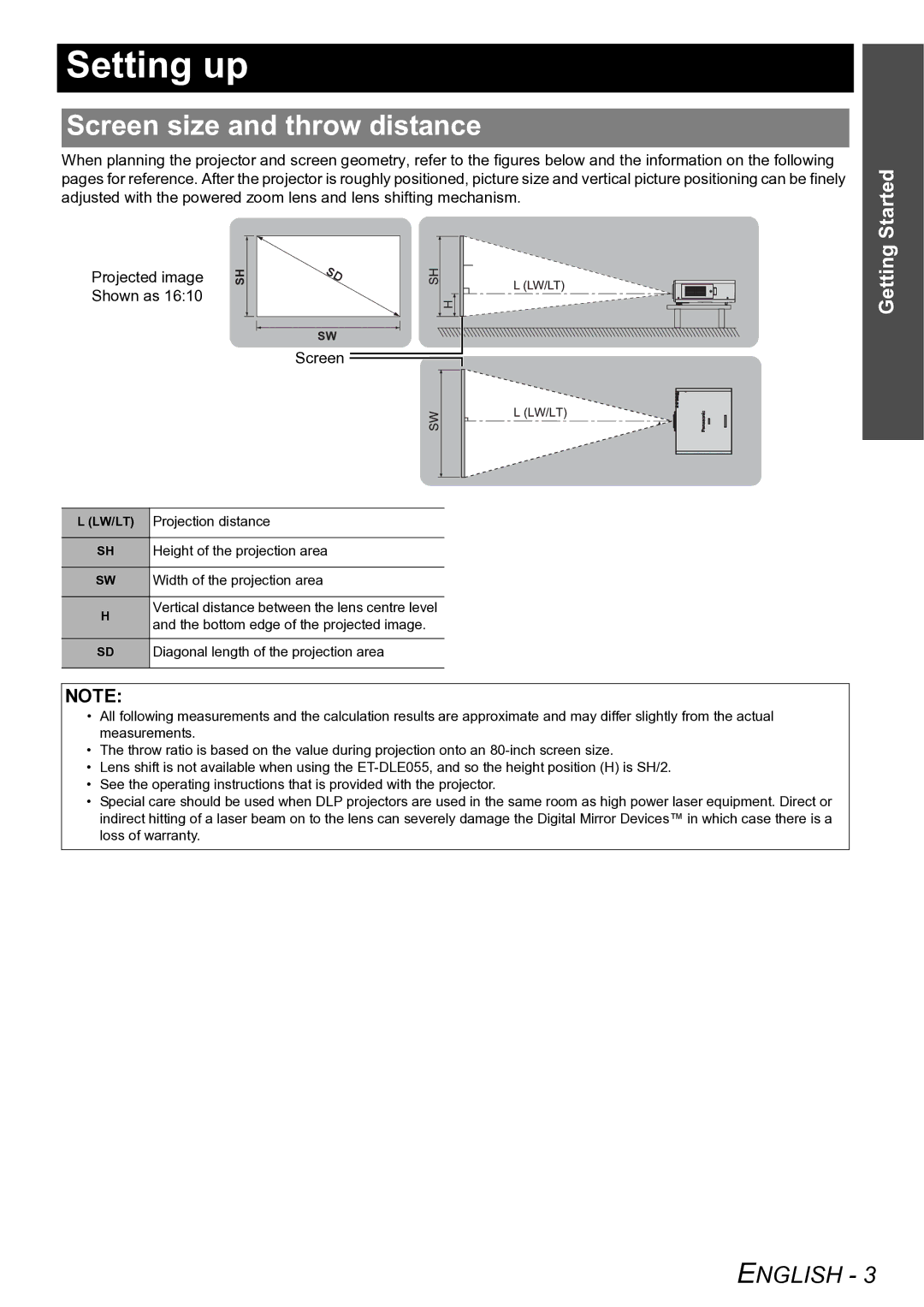 Panasonic TQBJ0299-3 manual Setting up, Screen size and throw distance, Projection distance, Height of the projection area 