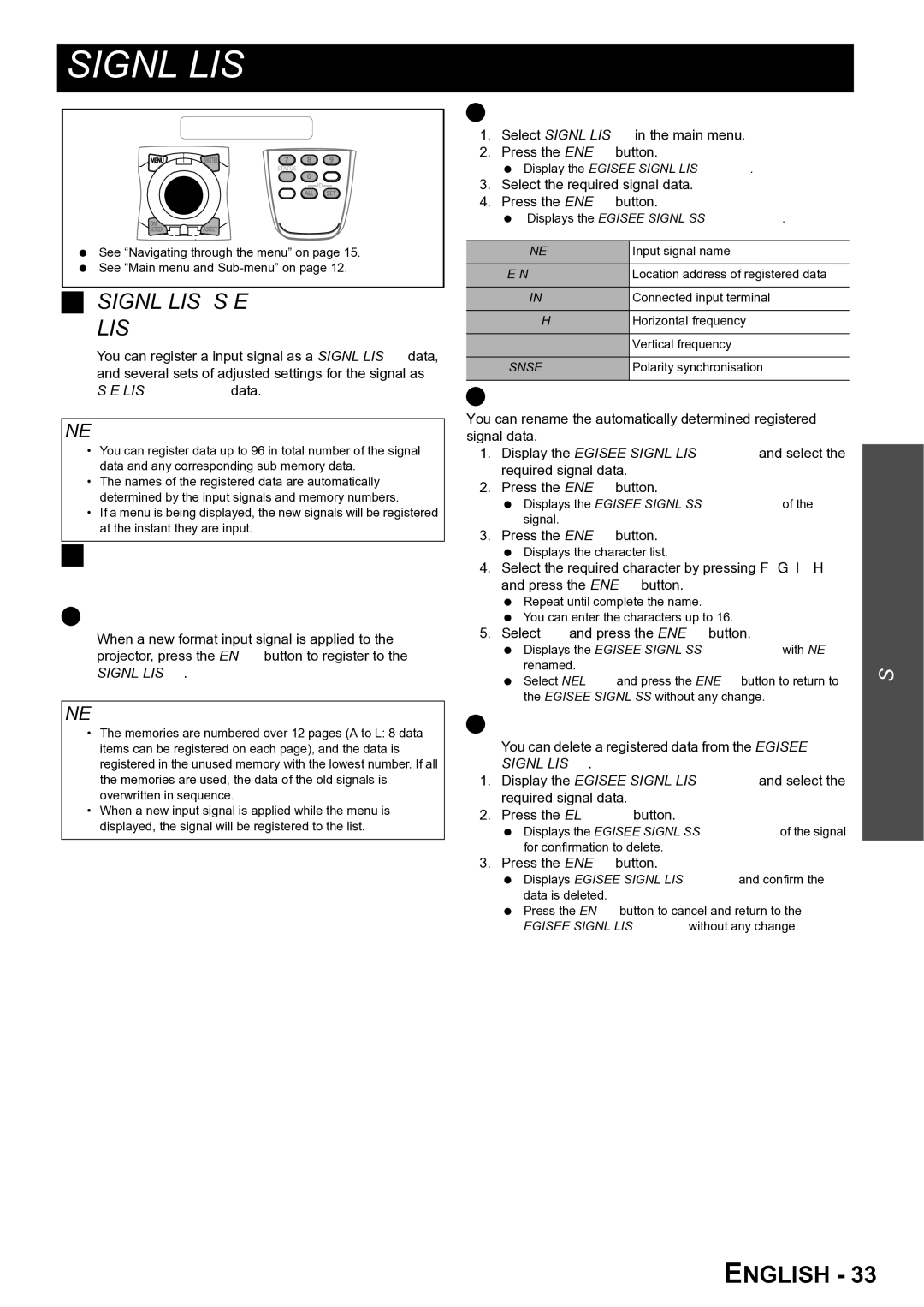 Panasonic TQBJ0299-3 manual Signal List and SUB Memory List, Managing the list and the registered data 