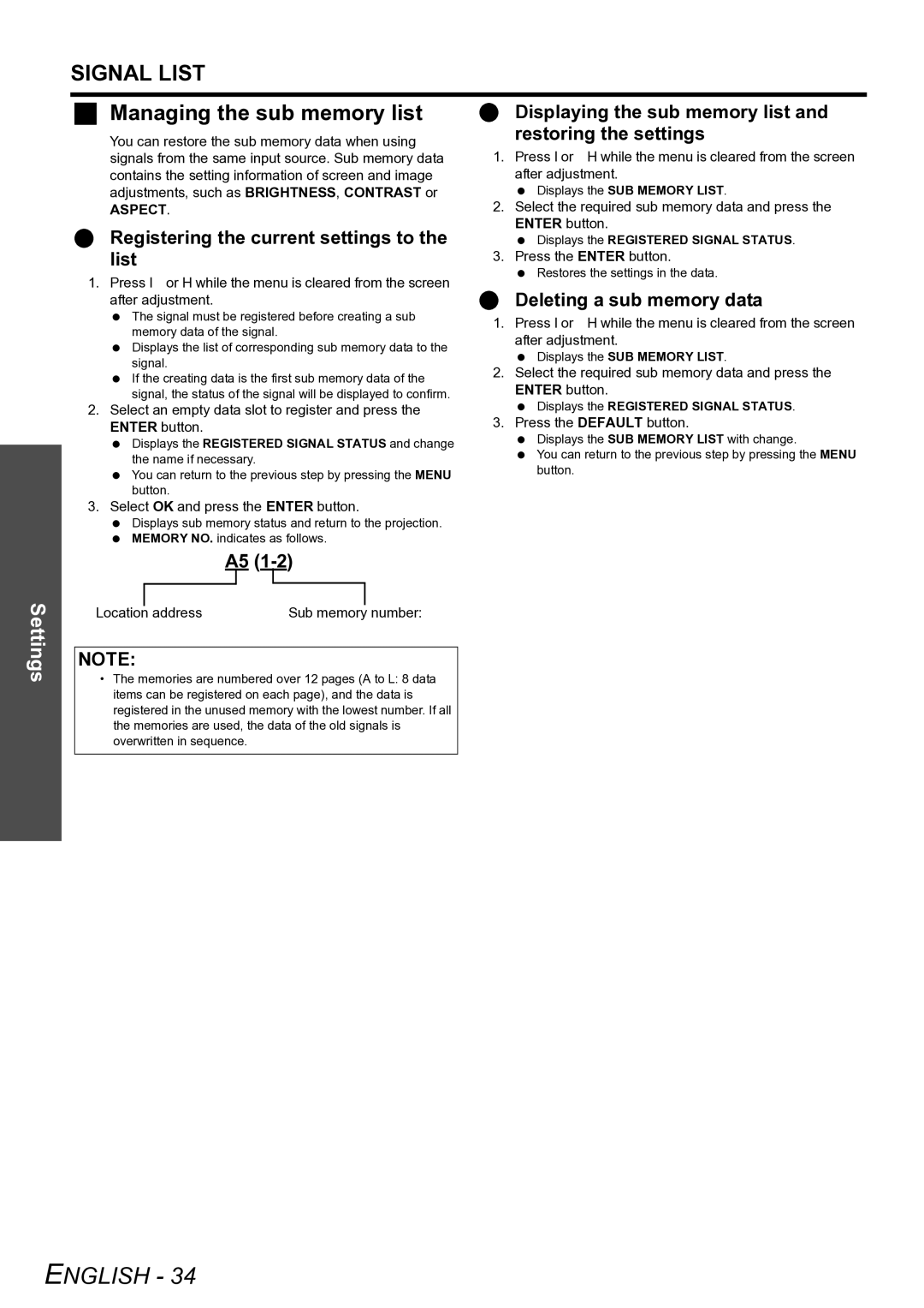 Panasonic TQBJ0299-3 manual Signal List, Managing the sub memory list 