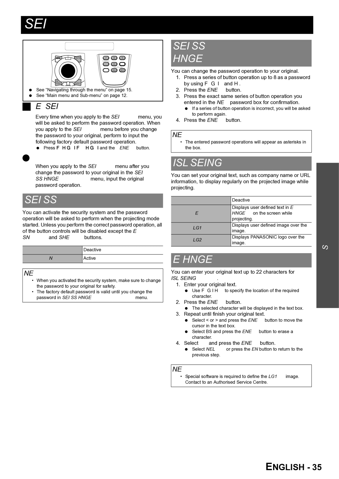 Panasonic TQBJ0299-3 manual Security menu, Security Password Change, Display Setting, Text Change 