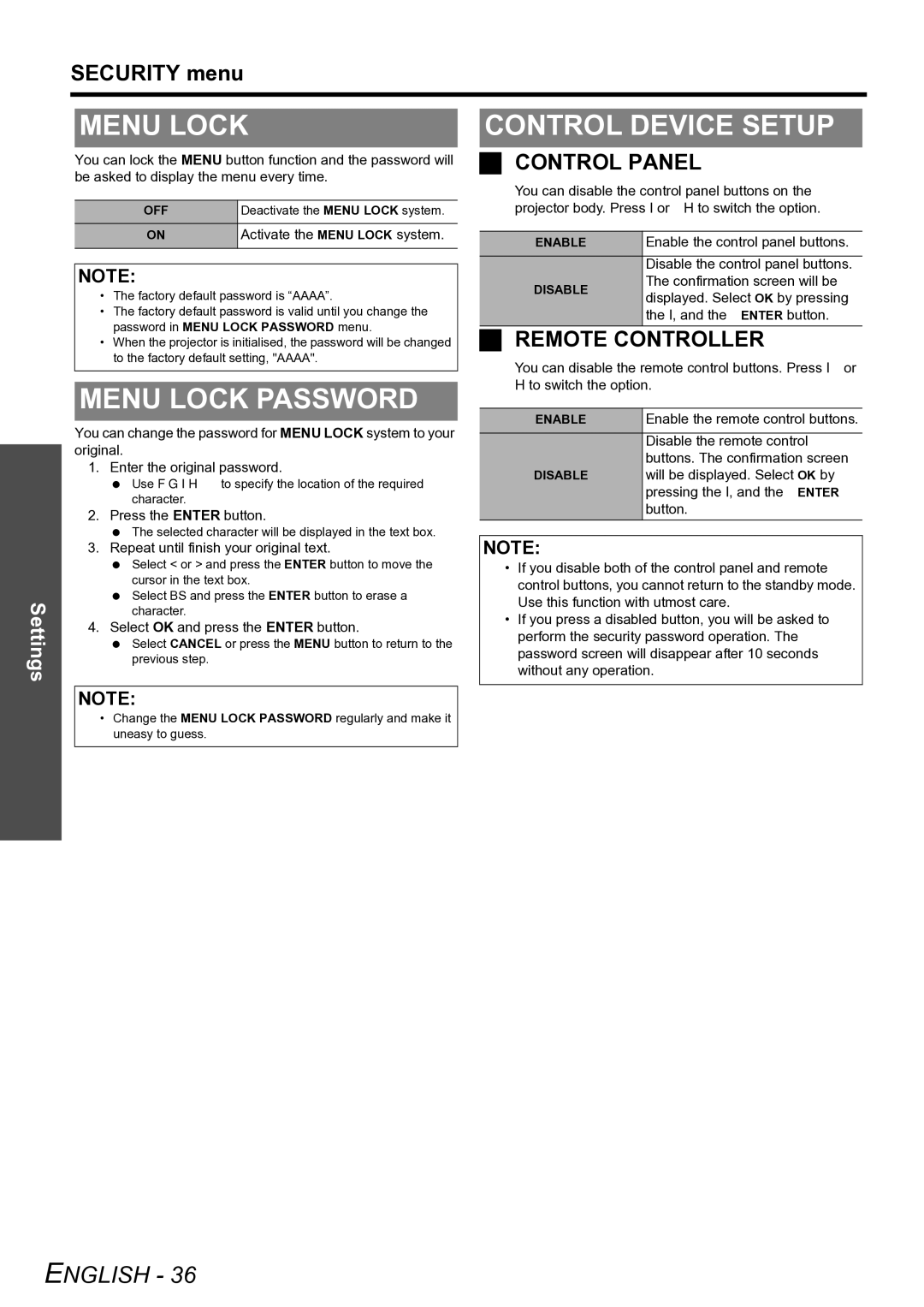 Panasonic TQBJ0299-3 manual Menu Lock Password, Control Device Setup, Control Panel, Remote Controller 