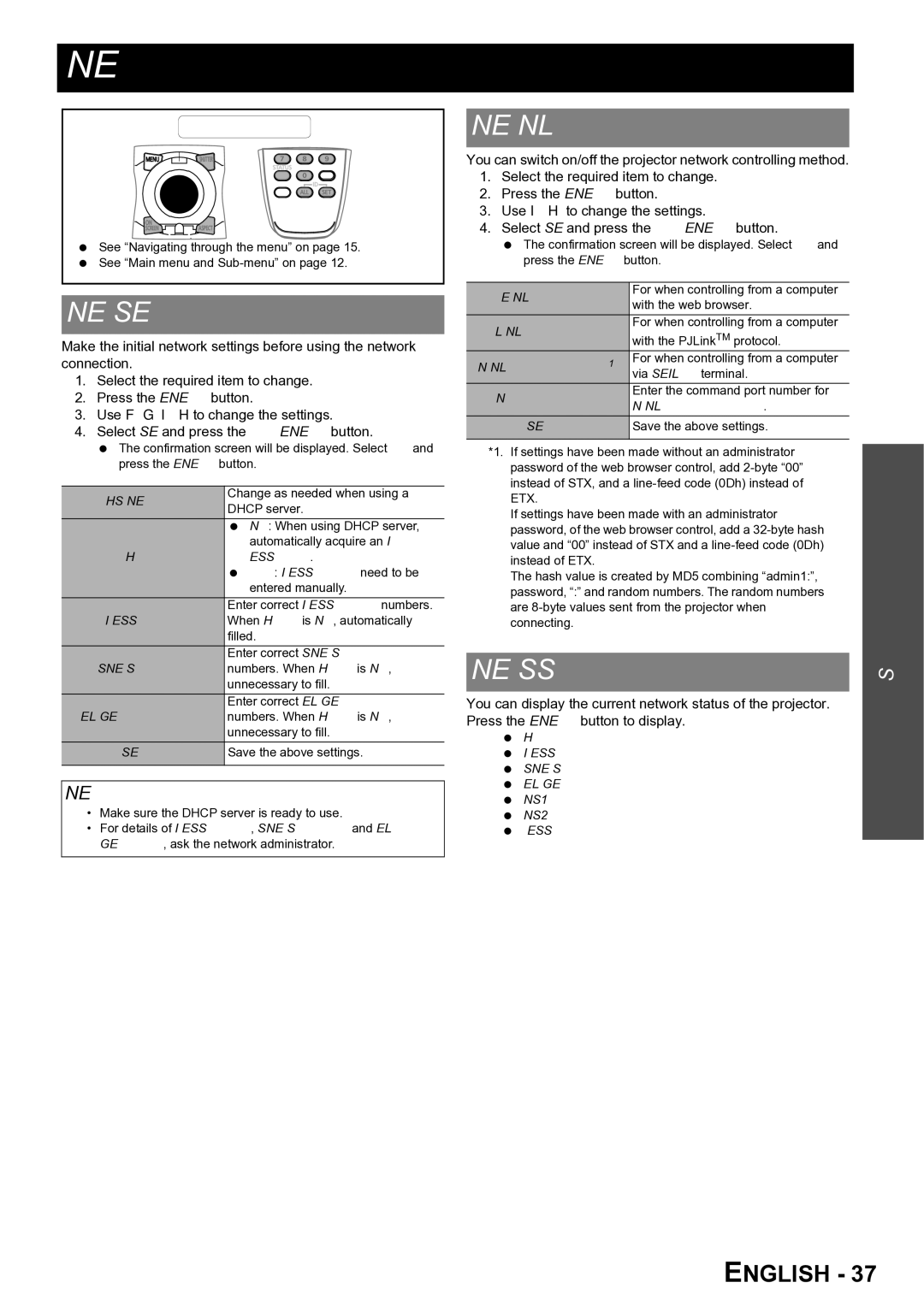 Panasonic TQBJ0299-3 manual Network menu, Network Setup, Network Control, Network Status 