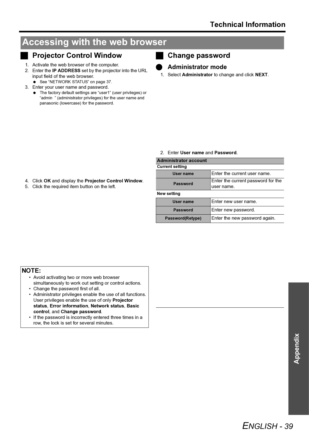 Panasonic TQBJ0299-3 Accessing with the web browser, Technical Information, Projector Control Window, Change password 