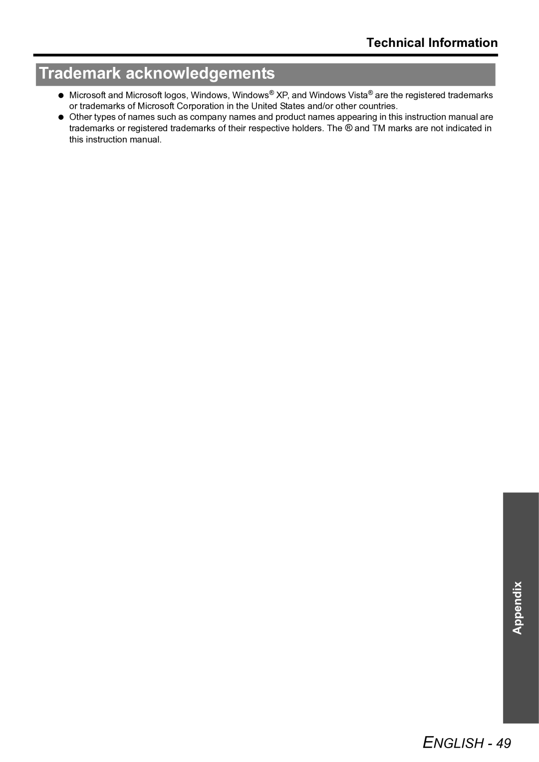 Panasonic TQBJ0299-3 manual Trademark acknowledgements 