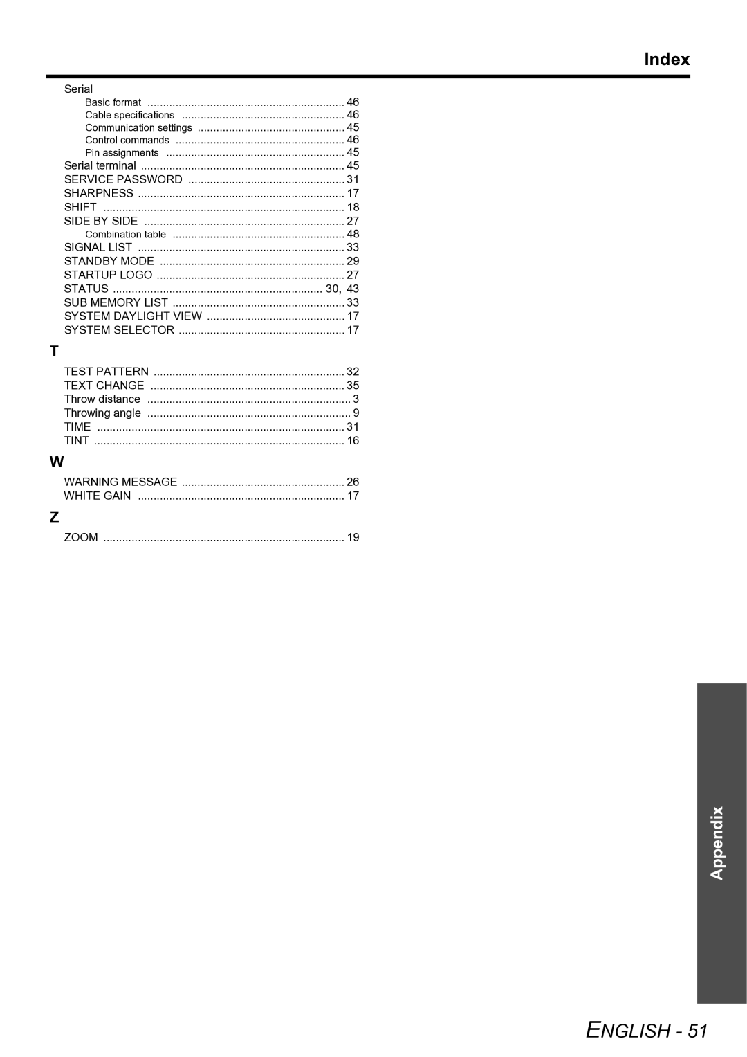 Panasonic TQBJ0299-3 manual Index, Combination table 