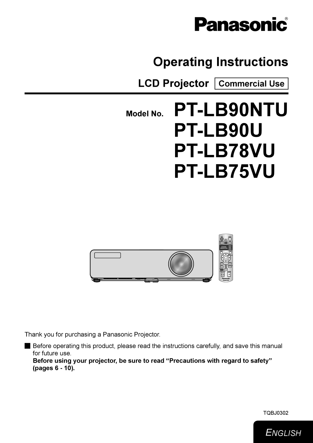 Panasonic TQBJ0302 manual PT-LB90U PT-LB78VU PT-LB75VU 