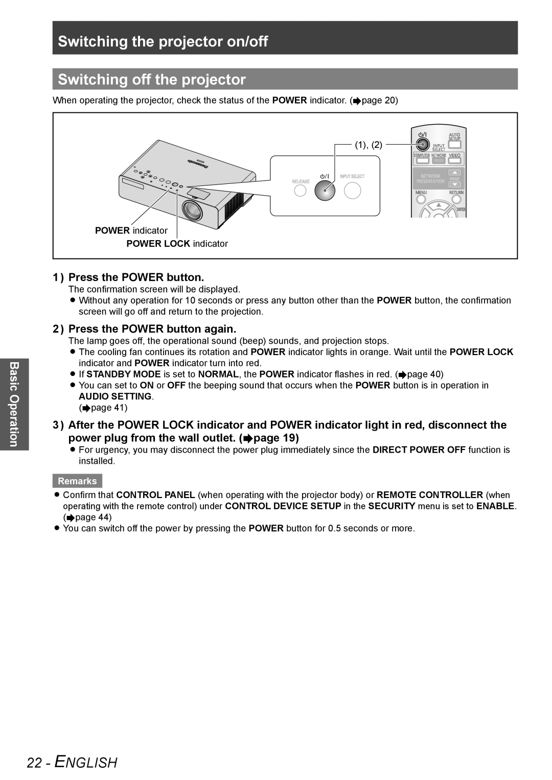 Panasonic TQBJ0302 Switching the projector on/off Switching off the projector, Press the Power button again, Audio Setting 