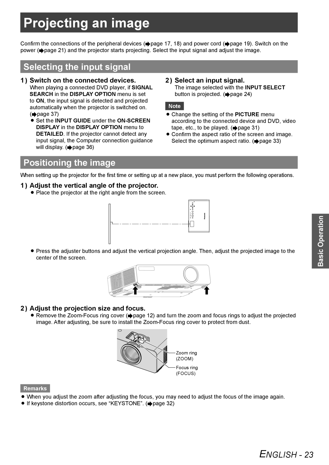 Panasonic TQBJ0302 manual Projecting an image, Selecting the input signal, Positioning the image 