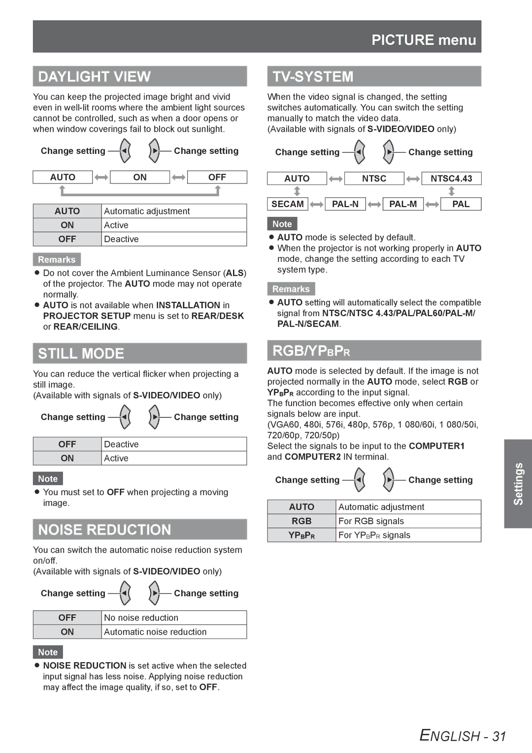 Panasonic TQBJ0302 manual Daylight View, Still Mode, Noise Reduction, Tv-System, Rgb/Ypbpr  