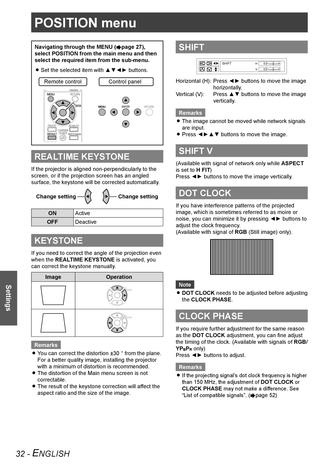 Panasonic TQBJ0302 manual Realtime Keystone, Shift, DOT Clock, Clock Phase 