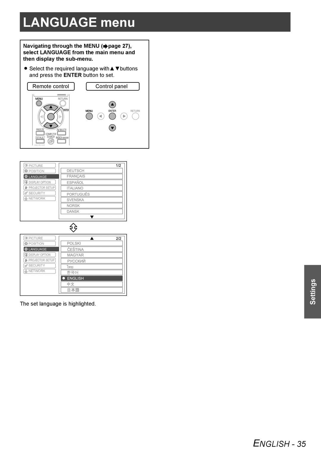 Panasonic TQBJ0302 manual Language menu 