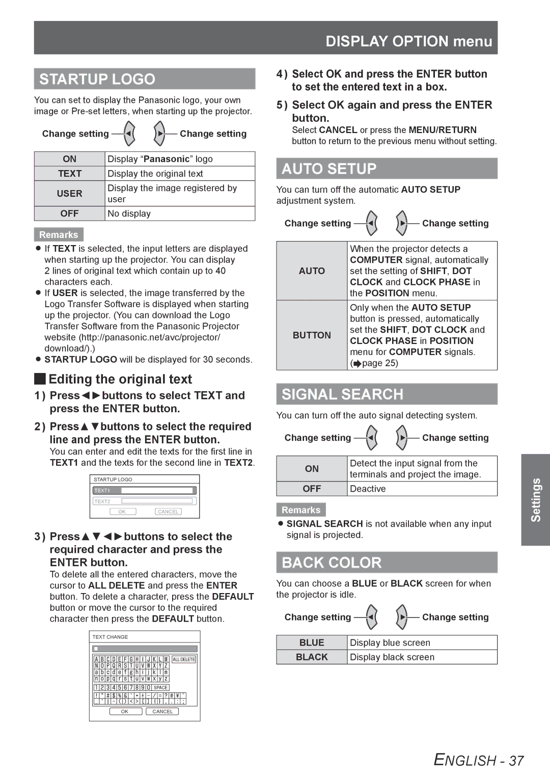 Panasonic TQBJ0302 manual Startup Logo, Display Option menu, Auto Setup, Signal Search, Back Color 