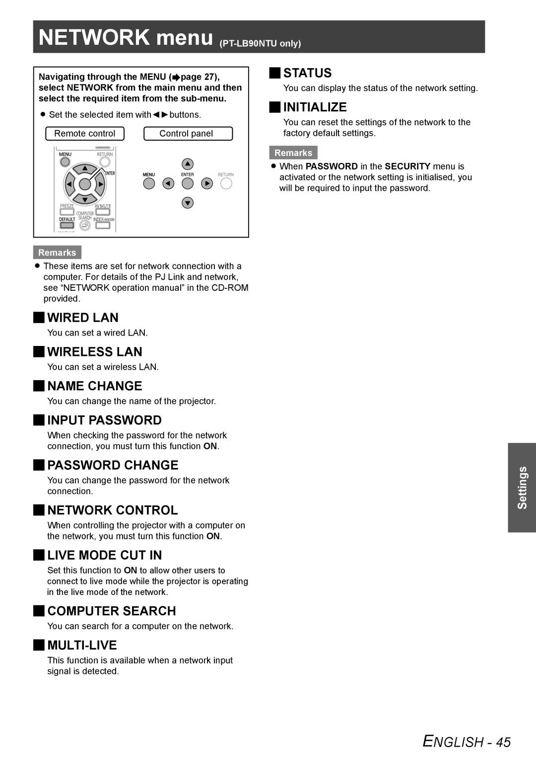 Panasonic TQBJ0302 Jjwired LAN, Jjwireless LAN, Jjname Change, Jjinput Password Jjstatus, Jjinitialize, Jjpassword Change 