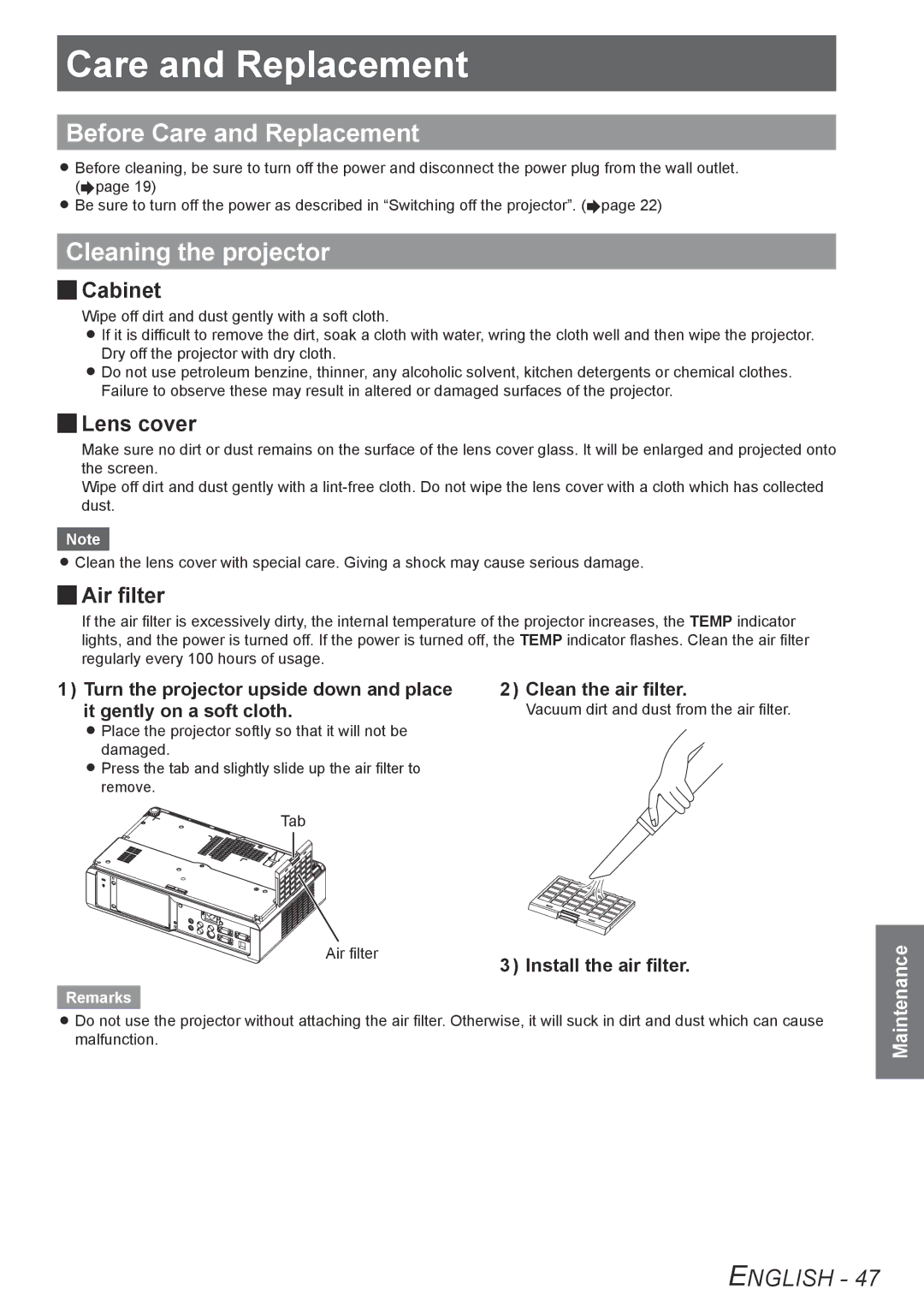 Panasonic TQBJ0302 manual Before Care and Replacement, Cleaning the projector 