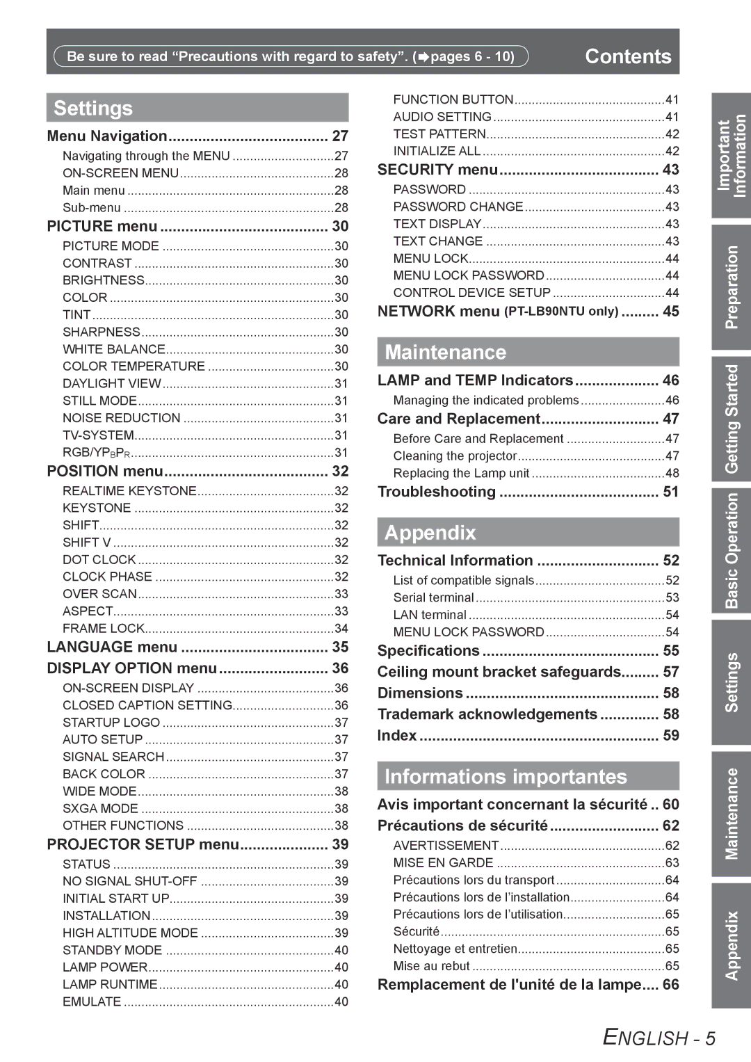 Panasonic TQBJ0302 manual Contents, Settings, Maintenance, Appendix, Informations importantes 