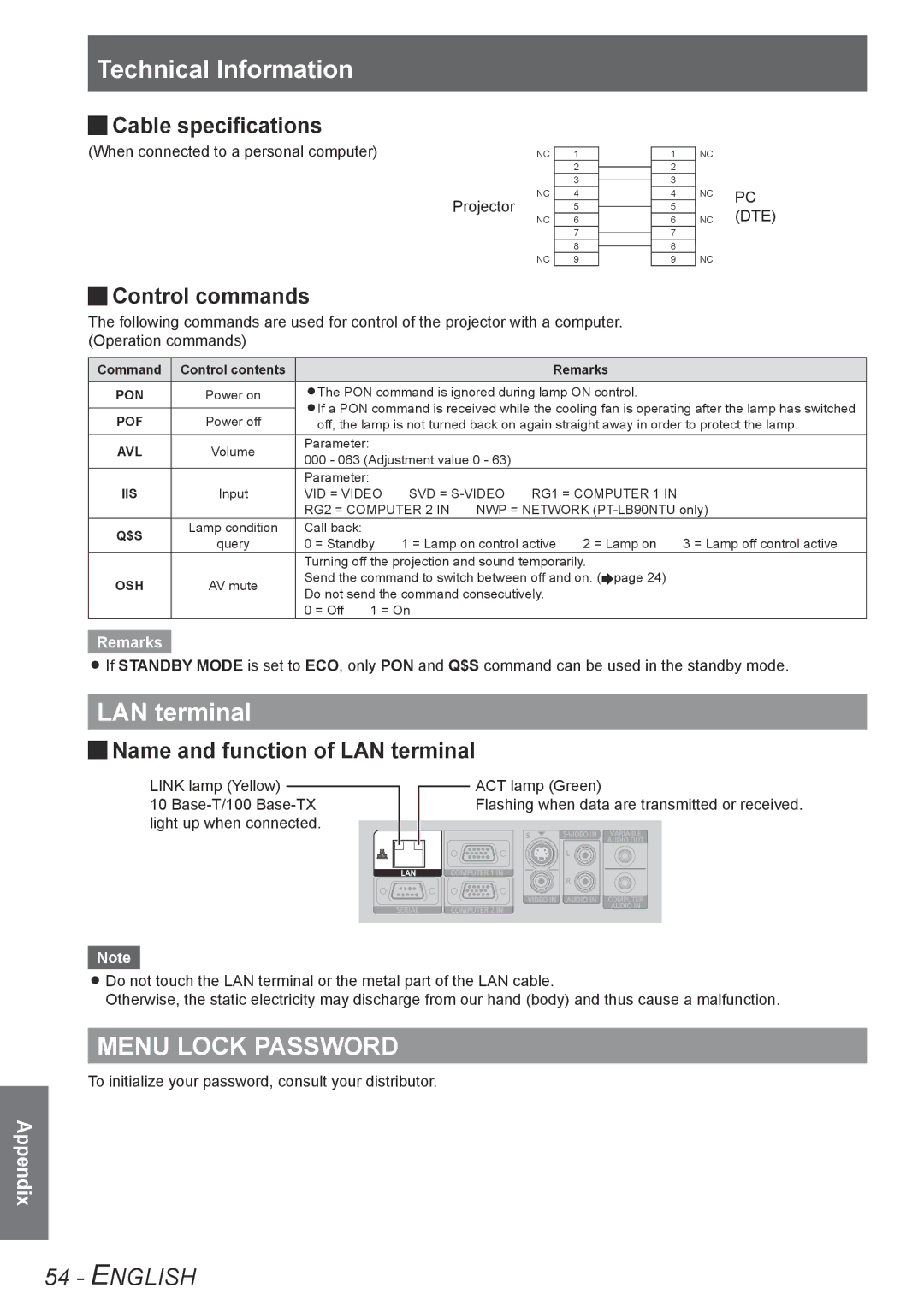 Panasonic TQBJ0302 manual Technical Information, LAN terminal, Cable specifications, Control commands 