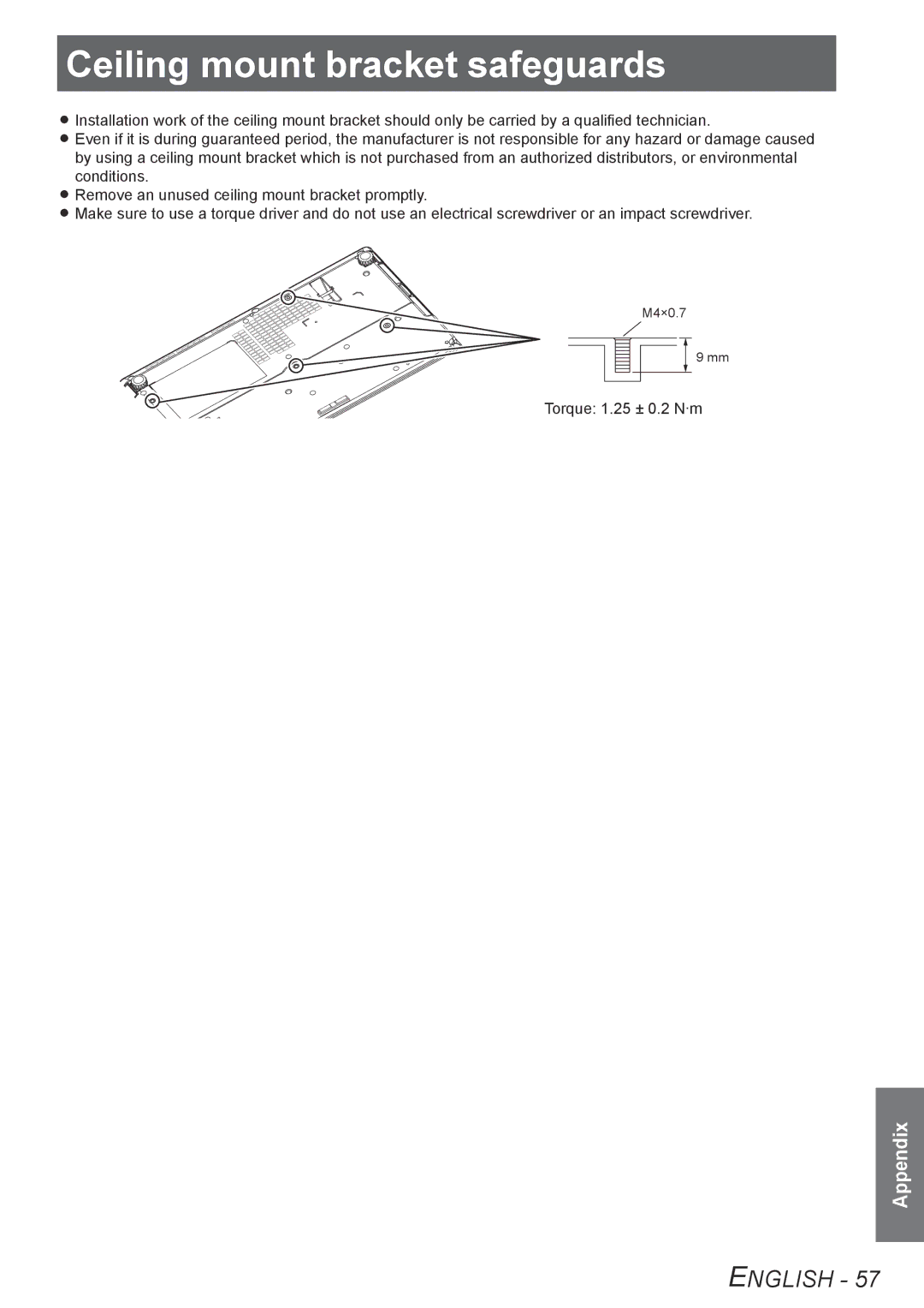 Panasonic TQBJ0302 manual Ceiling mount bracket safeguards 