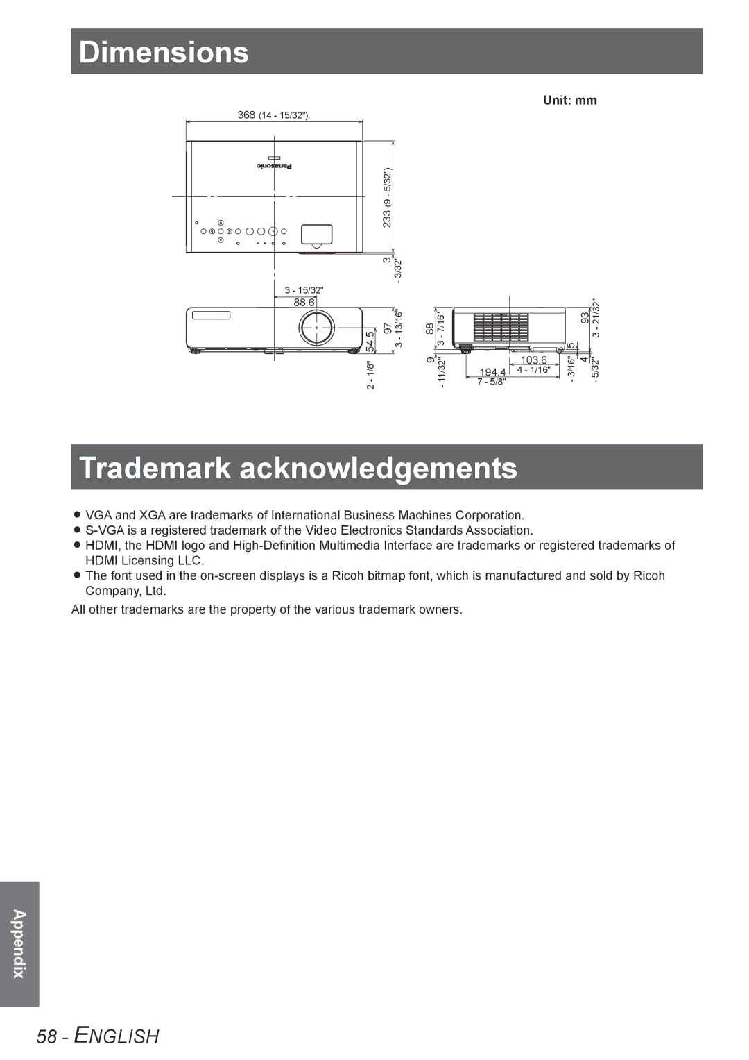 Panasonic TQBJ0302 manual Trademark acknowledgements, Dimensions, Unit mm 