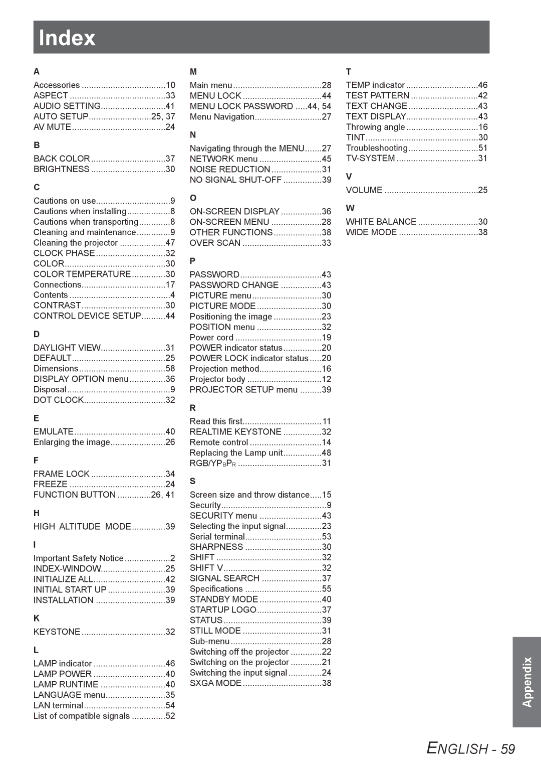 Panasonic TQBJ0302 manual Index 