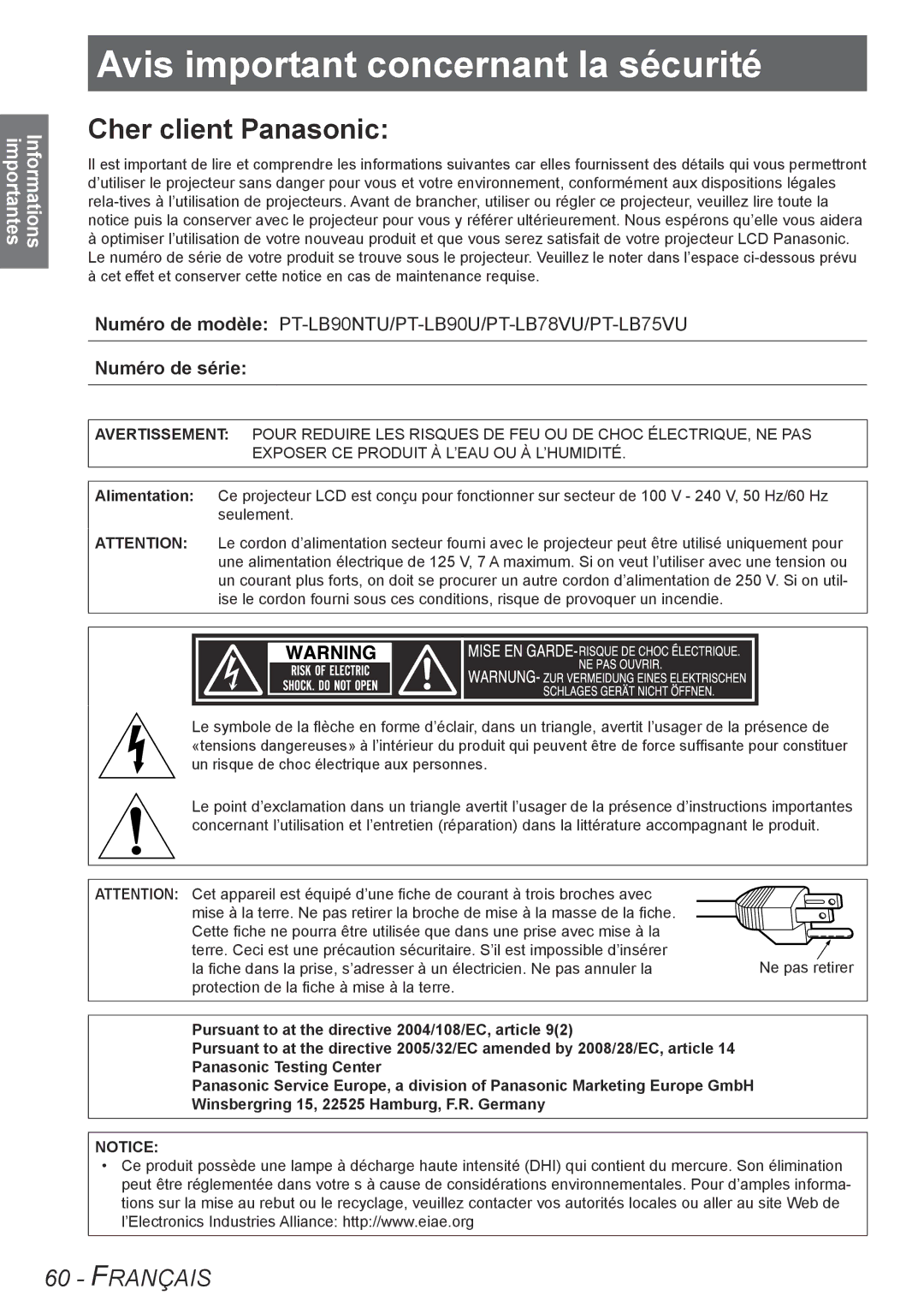 Panasonic TQBJ0302 manual Avisimportantconcernantconcernantla sécurité la sécurité, Numéro de série 