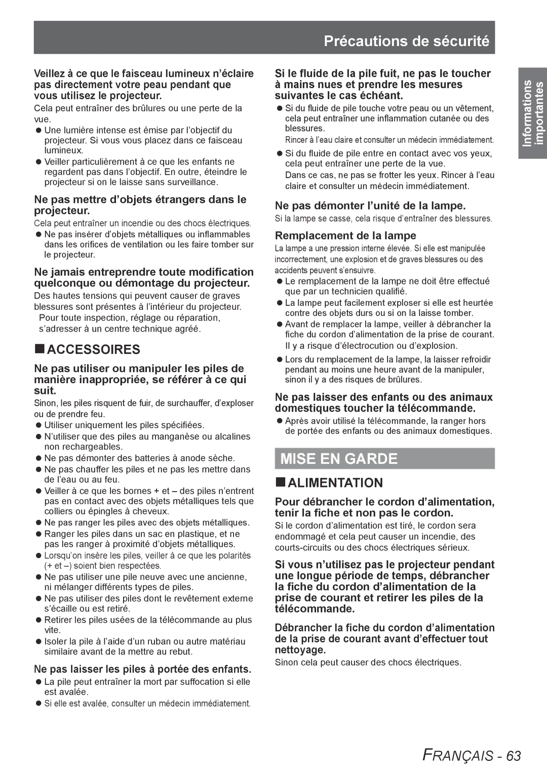 Panasonic TQBJ0302 manual Précautions de sécurité, Mise EN Garde 